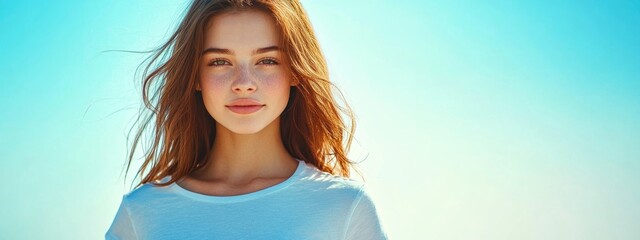 Cheerful brown haired girl in a white tee and blue jeans set against a bright background