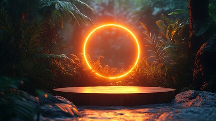 Wall Mural - Glowing orange ring hovering over a wooden podium in a lush green jungle.