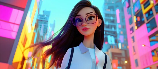 Poster - Chic 3D cartoon girl with flowing hair strolls through a vibrant urban landscape