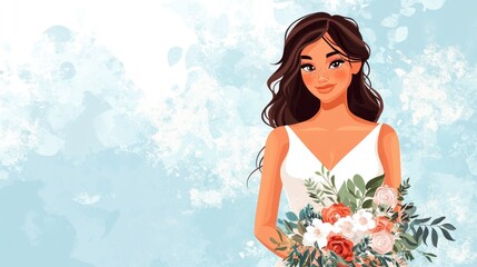 Wall Mural - Chic cheerful cartoon bride in a white gown holding a floral bouquet