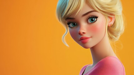 Poster - Colorful 3D cartoon portrait of a beautiful young blonde woman on a bright background