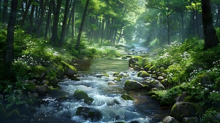 Sticker - A serene forest scene with a flowing stream, lush greenery, and vibrant flowers, evoking tranquility.