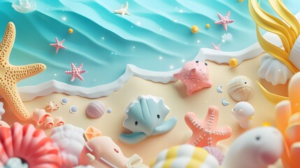 Wall Mural - Abstract 3D beach background with adorable sea creatures  AI generated illustration