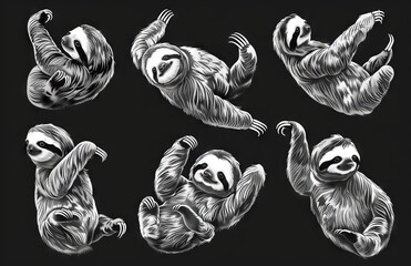 Sticker - Set of black and white engraved sloths with modern illustration