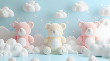 Wall Mural - Abstract 3D teddy bears against a cute pastel theme  AI generated illustration