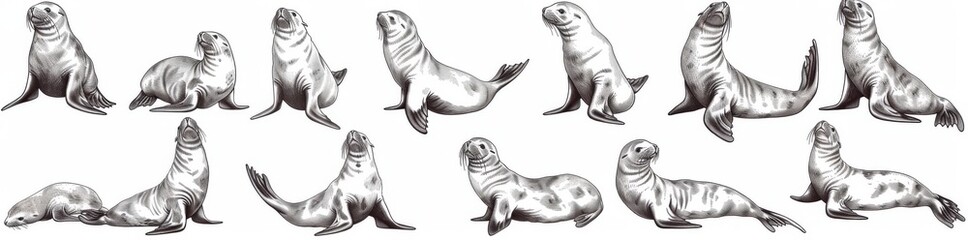 Sticker - Illustration of vintage engraved seal set. Sea lion background.