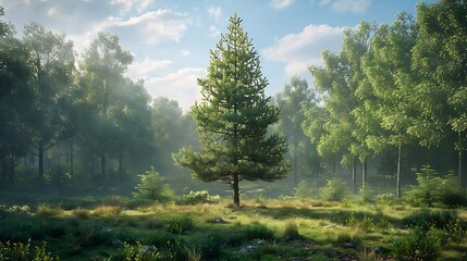 Sticker - A serene forest scene featuring a tall conifer tree surrounded by lush greenery and soft sunlight.