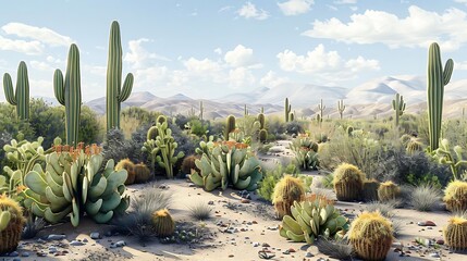 Canvas Print - A vibrant desert landscape featuring various cacti and vegetation under a bright blue sky.