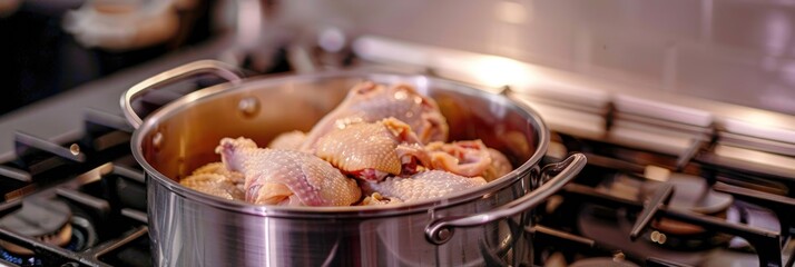 Raw chicken pieces in a stainless steel pot on a stove