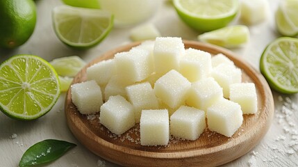 Wall Mural - White sugar cubes on a wooden plate. Perfect for a still life photo of a sweet treat.