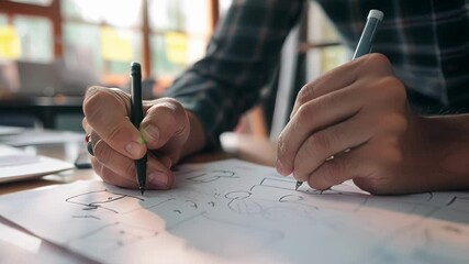 Ux designer is sketching a user interface for a mobile application, drawing wireframes and prototypes for innovative production
