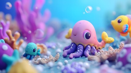 Wall Mural - Adorable 3D abstract background with the cutest sea creatures  AI generated illustration