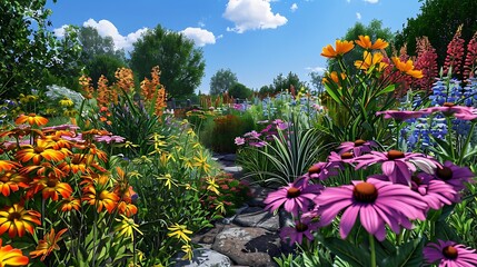 Wall Mural - A vibrant garden filled with colorful flowers and lush greenery under a bright blue sky.