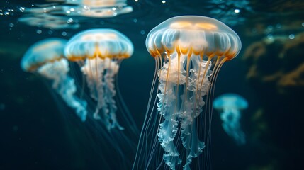 Wall Mural - An abstract view of floating jellyfish in deep water lit from below  AI generated illustration