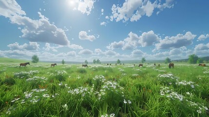 Wall Mural - A serene landscape featuring grazing horses in a vibrant field of flowers under a bright sky.