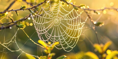 Dew covered spider web showcasing nature s intricate beauty Shimmering threads embody sophistication intricacy and unity