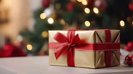 Santa claus with gift box in festive room, christmas tree background   holiday joy and greetings