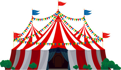 Circus tent, vintage funfair carnival marquee for amusement park show, cartoon vector. Circus top tent marquee with entrance and flags for magic fair or funfair carnival show with red and white stipes