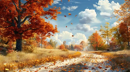 Sticker - A serene autumn landscape with vibrant trees and a winding path, showcasing nature's beauty.