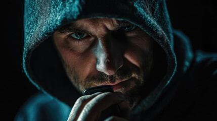 Wall Mural - male scammer in hoodie talking on phone on dark background, man, criminal, thief, bandit, killer, fraud, deception, scam, eyes, face, angry, cunning, evil, smirk, portrait, emotion, person, people