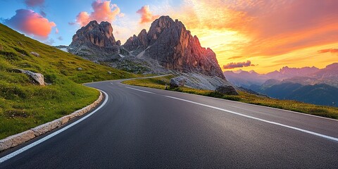 Poster - Mountain road at colorful sunset in summer. Dolomites, Italy. Beautiful curved roadway, rocks, stones, blue sky with clouds. Landscape with empty highway through the mountain pass in spring. 