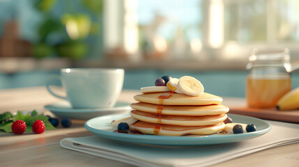 A plate of fluffy pancakes garnished with banana slices, fresh berries, and maple syrup, placed on a breakfast table with a cozy and inviting morning setup.