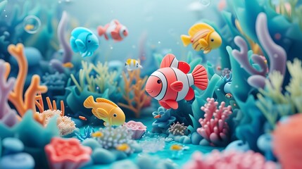 Wall Mural - An underwater abstract scene with cute 3D sea creatures and corals AI generated illustration