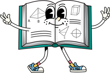 Poster - Cartoon groovy school textbook character. Isolated vector open geometry retro book personage in 60s, 70s funky style, cheerfully flashing wide welcoming smile and peace signs. Back to school education