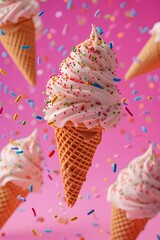 Wall Mural - Appealing 3D abstract background filled with ice cream cones and sprinkles  AI generated illustration