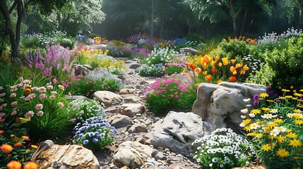 Sticker - A vibrant garden path filled with colorful flowers and stones, creating a serene natural landscape.