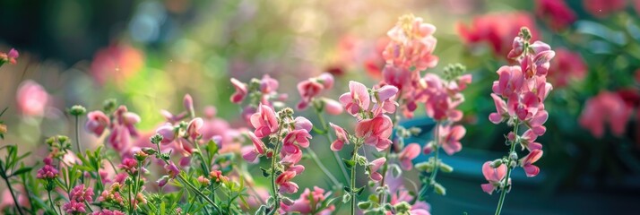 Sticker - Lathyrus plants blooming in a garden container.