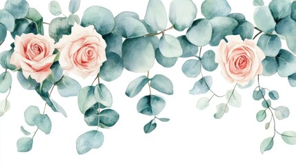 Poster - Watercolor illustration featuring eucalyptus leaves and roses