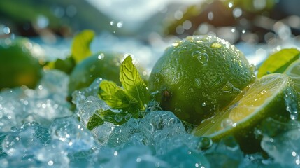 Sticker - Fresh Limes Surrounded by Bubbles and Mint Leaves on a Bright Sunny Day