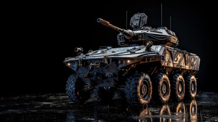 A military armored vehicle with a black camouflage paint job stands on a wet surface, its headlights and gun reflecting the light.