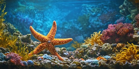 Wall Mural - an underwater scene with a starfish and coral 