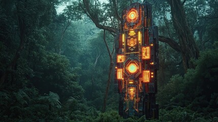 Poster - Glowing, Futuristic Structure in a Dense Forest