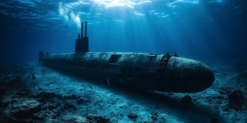 Sticker - Deep sea submarine exploration Wideangle underwater photography, side view of a submarine, showcasing its full body in the vast ocean environment