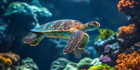 Wall Mural - A green sea turtle swimming gracefully in an aquarium, surrounded by colorful coral and marine life