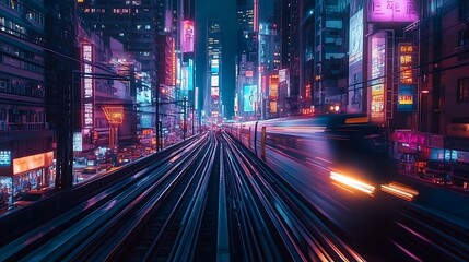 Cinematic Night Cityscape with Subway Train and Illuminated Skyscrapers