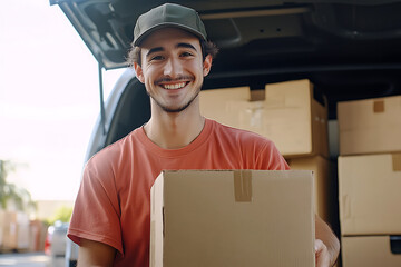 A smiling delivery man a cap holds a cardboard box in front of a van filled with packages, representing efficient and friendly delivery service.
