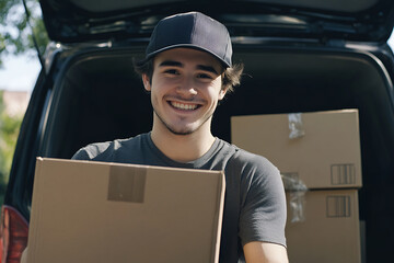 A smiling delivery man a cap holds a cardboard box in front of a van filled with packages, representing efficient and friendly delivery service.
