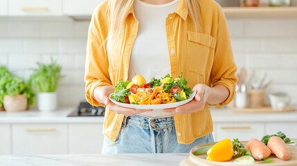 A woman holds a fresh salad plate in a bright kitchen, showcasing healthy eating and vibrant ingredients. healthy diet and daily habits concept.