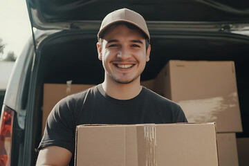 A smiling delivery man a cap holds a cardboard box in front of a van filled with packages, representing efficient and friendly delivery service.
