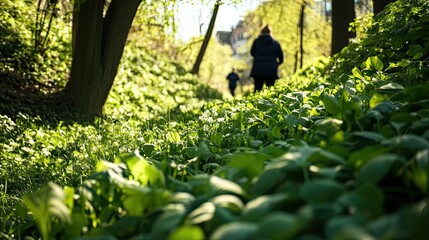 Sticker - A Low Angle View of Green Leaves and White Flowers in a Forest