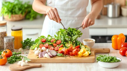 A person preparing fresh vegetables on a wooden cutting board in a bright kitchen. Healthy cooking concept. healthy diet and daily habits concept.