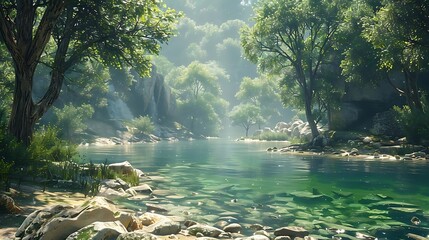 Poster - A serene river landscape surrounded by lush greenery and rocky formations, evoking tranquility and nature's beauty.