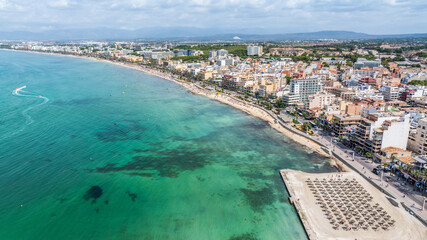 aerial landscape view along the coastline to the north from S'Arenal via Playa de Palma to 