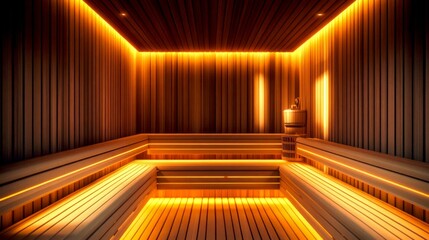 Poster - A modern sauna interior featuring warm wooden tones and soft ambient lighting. This space invites relaxation and calmness. Ideal for wellness designs or spa concepts. AI