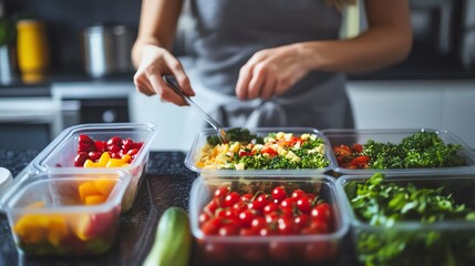 An individual preparing fresh ingredients in a kitchen, focusing on healthy meal prep with colorful vegetables in containers. healthy diet and daily habits concept.