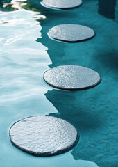 stone circles in clean transparent water, pond, fountain, lake, park, granite, marble, steps, bridge, clean, blue, abstract background, design, nature, harmony, ecology, meditation, beauty